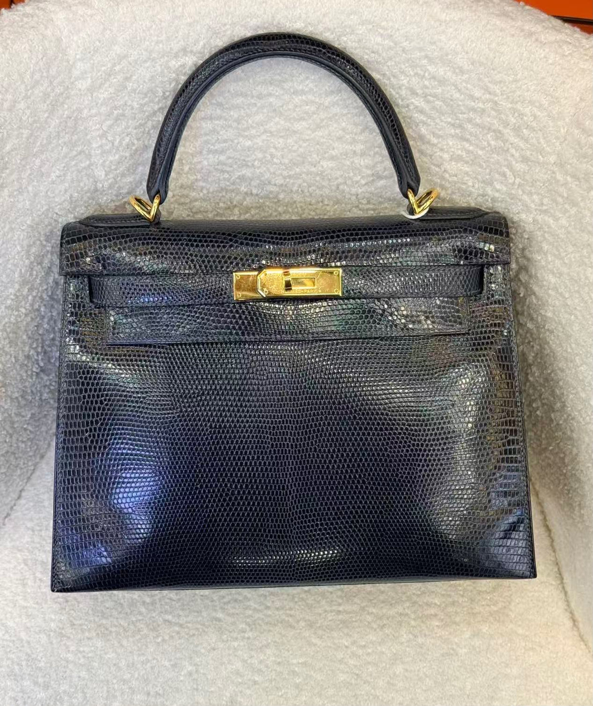 Hermes Kelly 28 sellier black lizard gold hardware