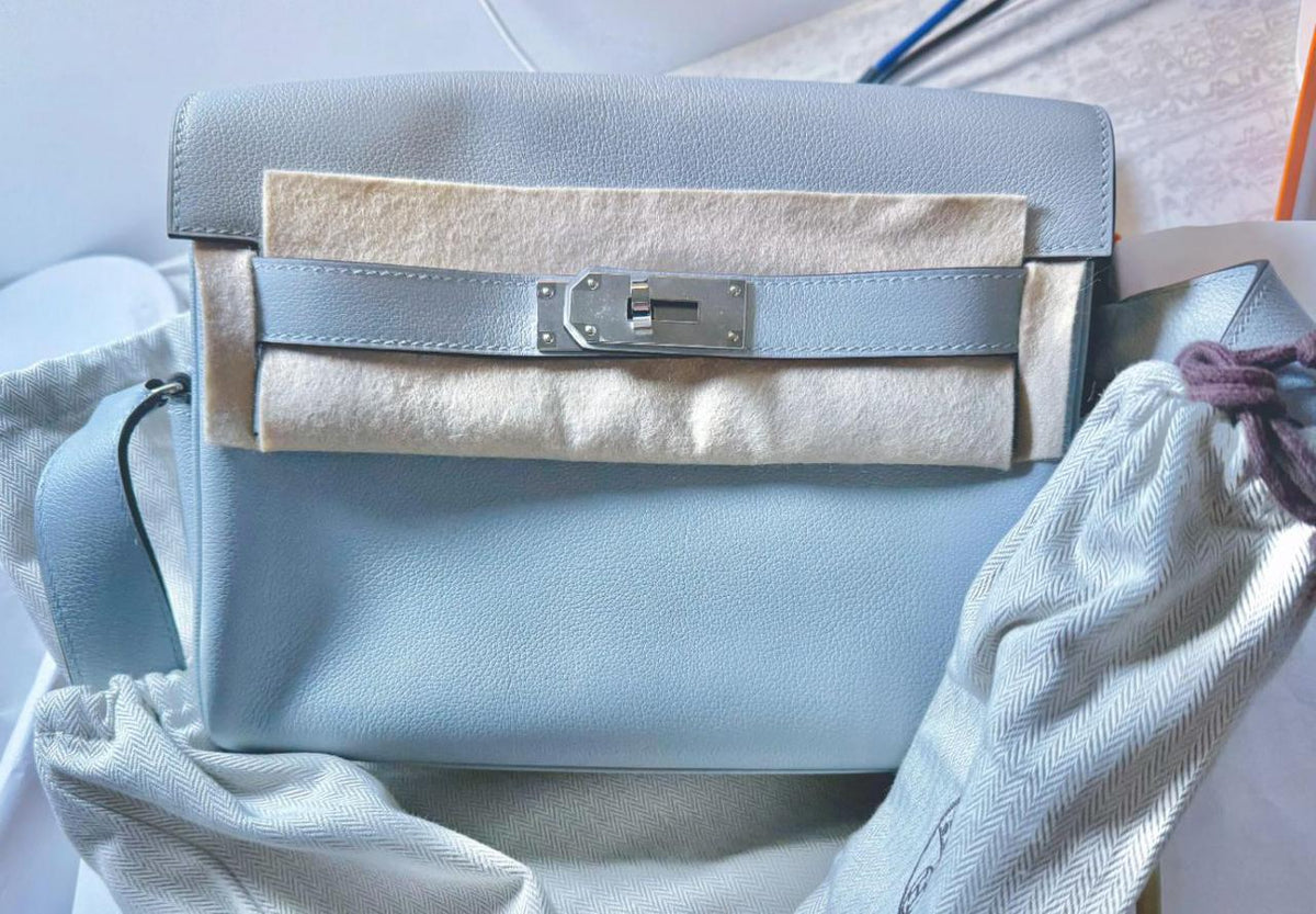 Hermes Kelly Messenger Bleu Glacier Evercolor Palladium hardware