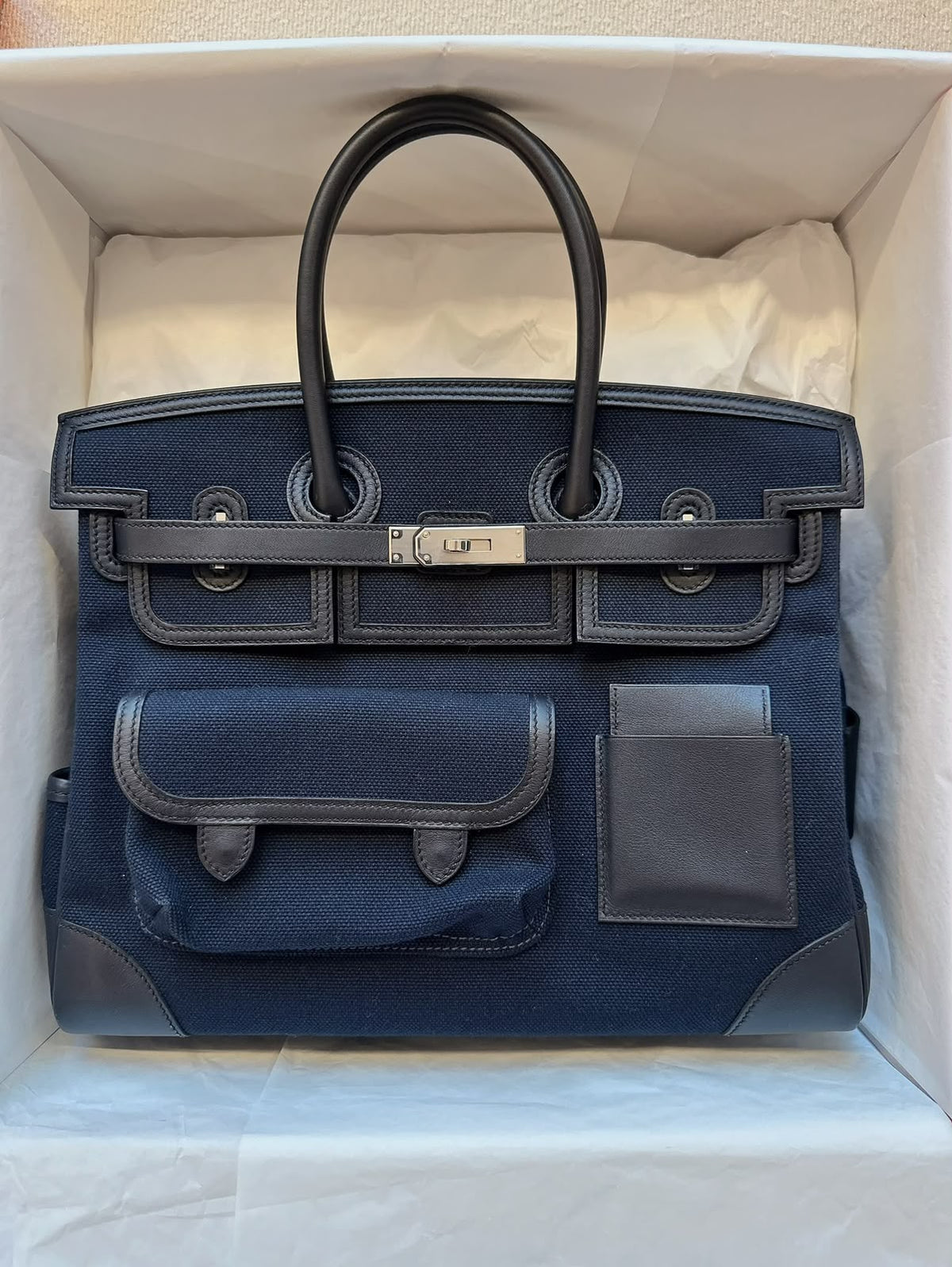 Hermes Birkin 35 Cargo Bleu Marine Swift & Black Toile Palladium hardware