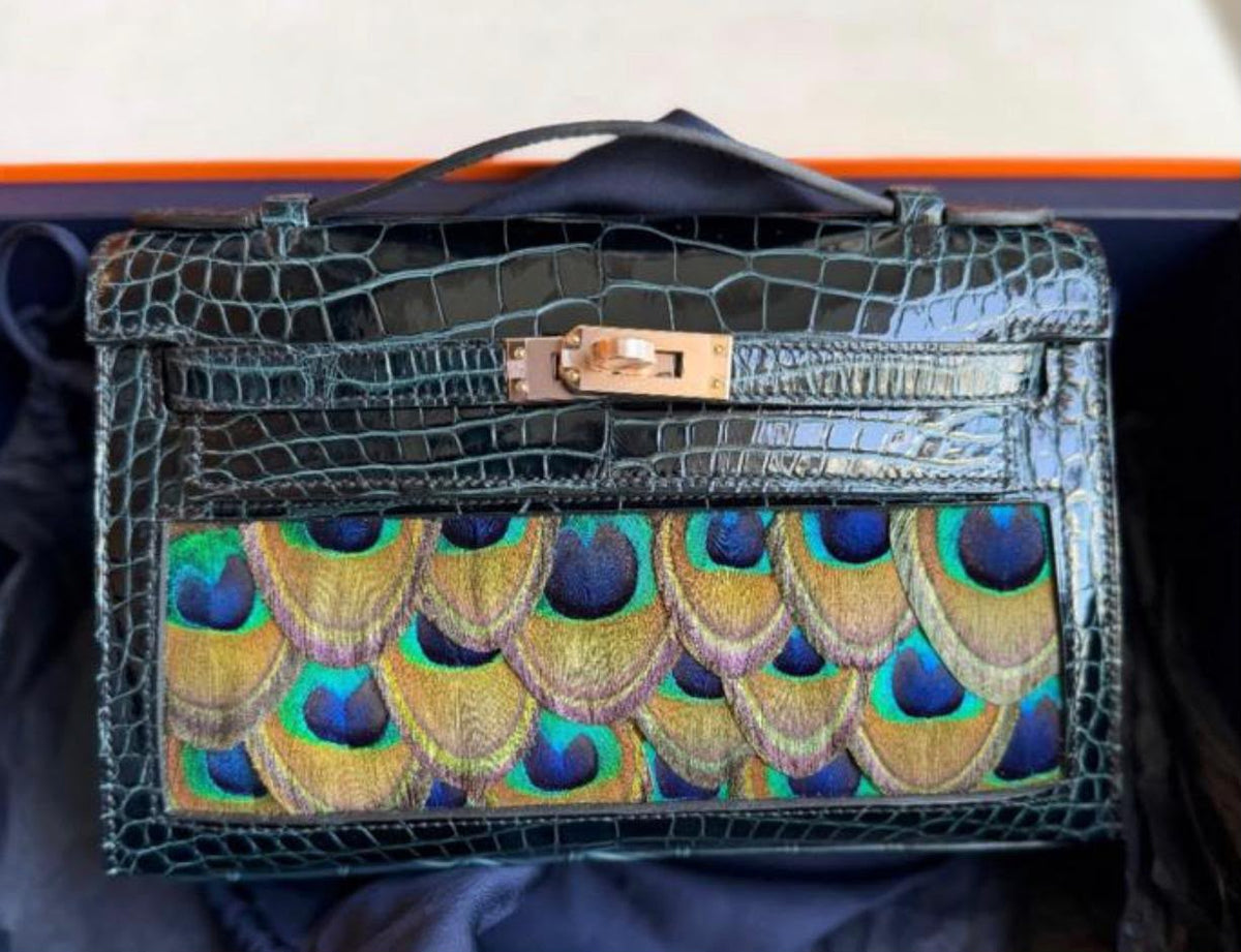 Hermes Kelly pochette Vert Rousseau Shiny Alligator & Peacock Feather Rose gold hardware