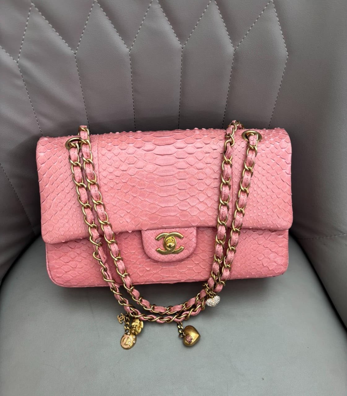 Chanel classic flap medium pink serpent Gold hardware