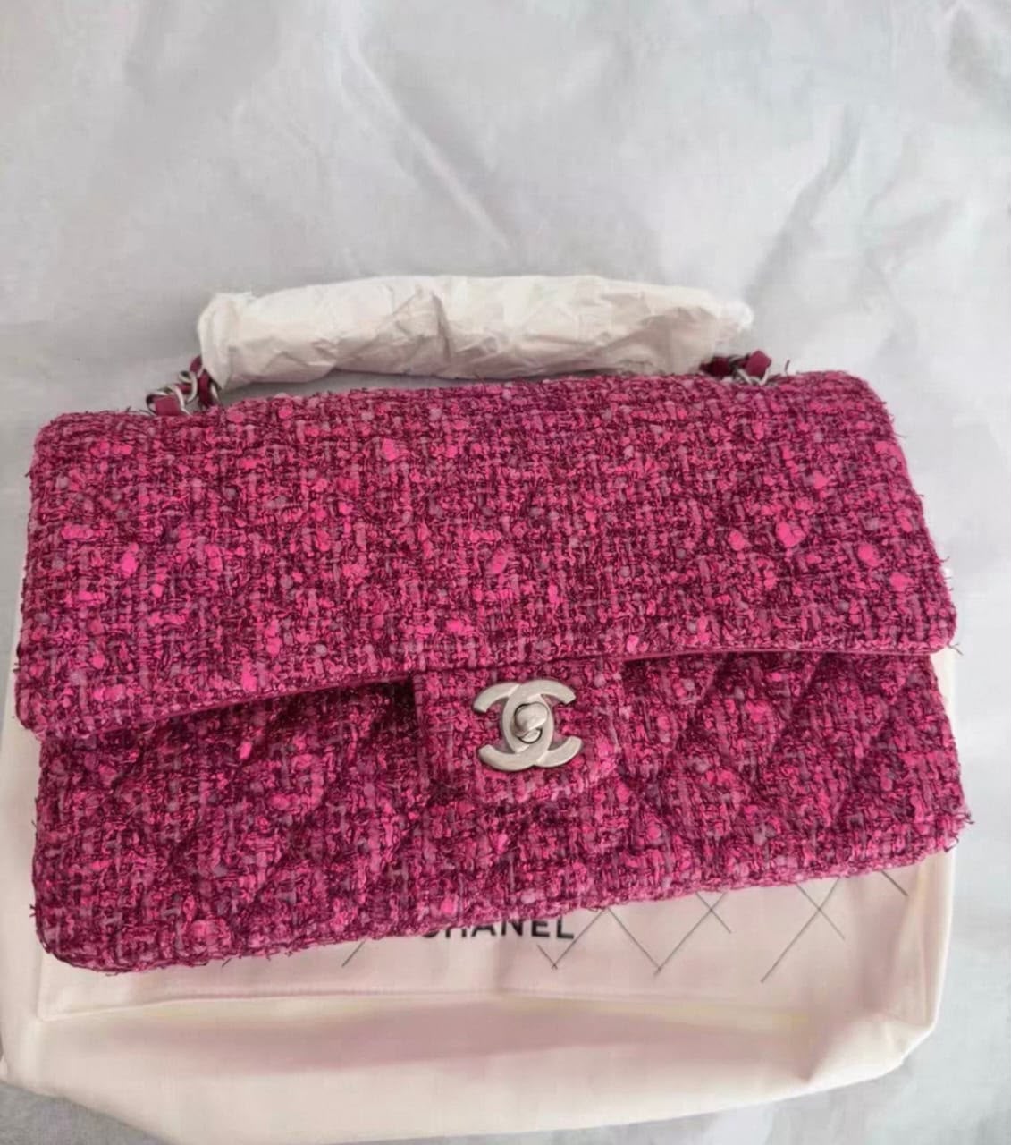 Chanel classic flap medium pink/burgundy tweed Palladium hardware