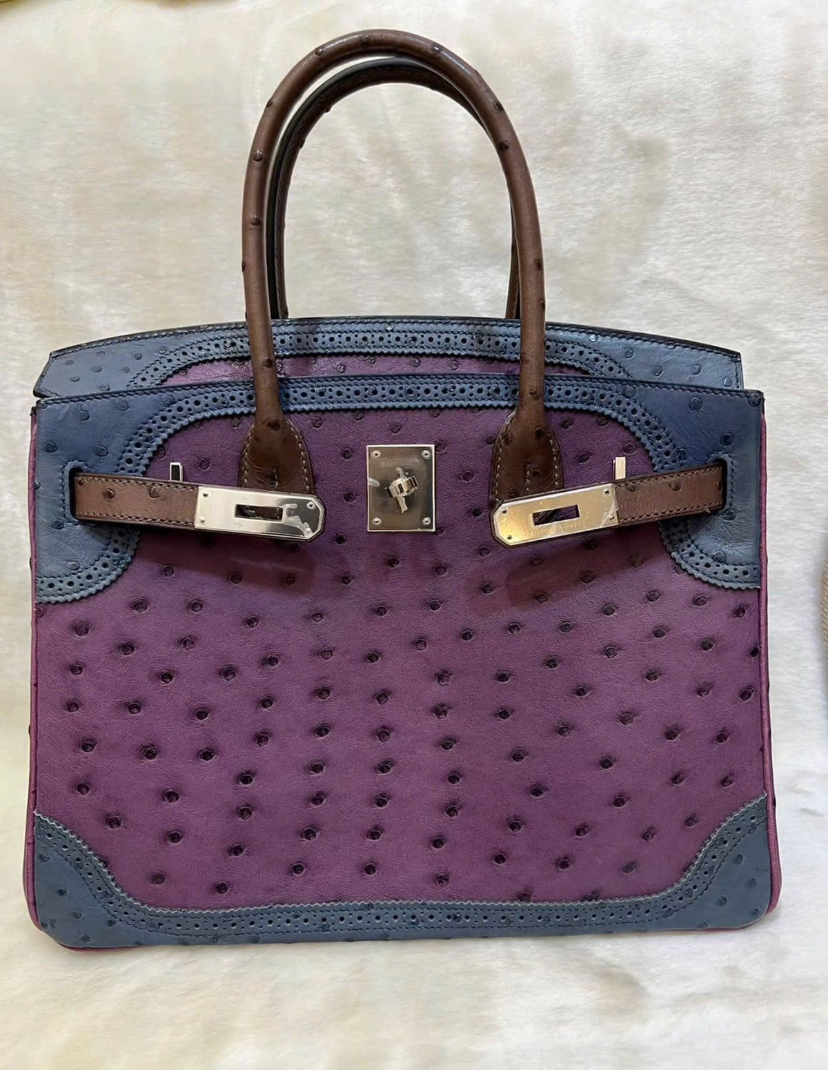 Hermes Birkin 30 Ghillies Violet/Bleu de Malte/Marron Ostrich palladium hardware