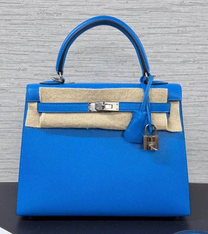 Hermes Kelly 25 Bleu Zanzibar Epsom Palladium hardware
