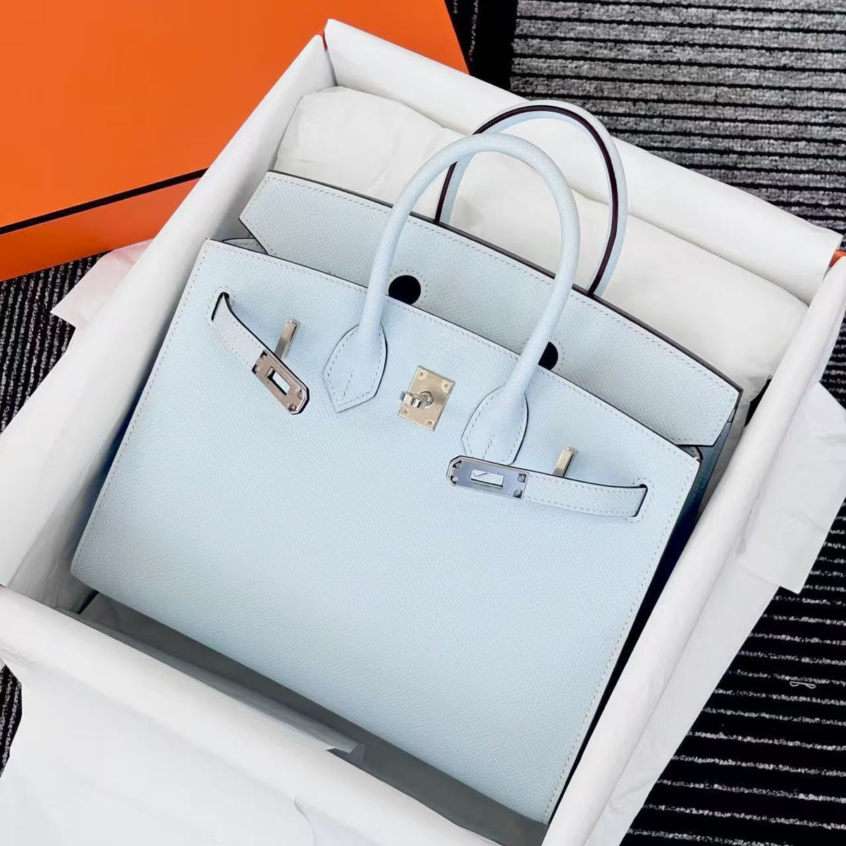 Hermes Birkin 25 Sellier Bleu Brum Epsom Palladium hardware