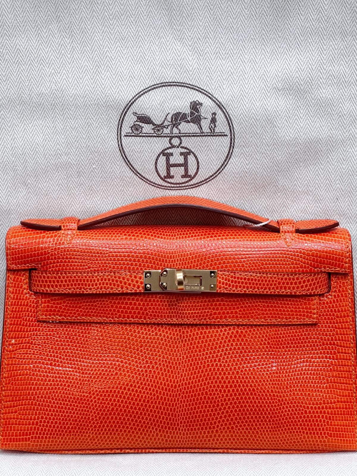 Hermes Kelly pochette Orange Lizard Gold hardware