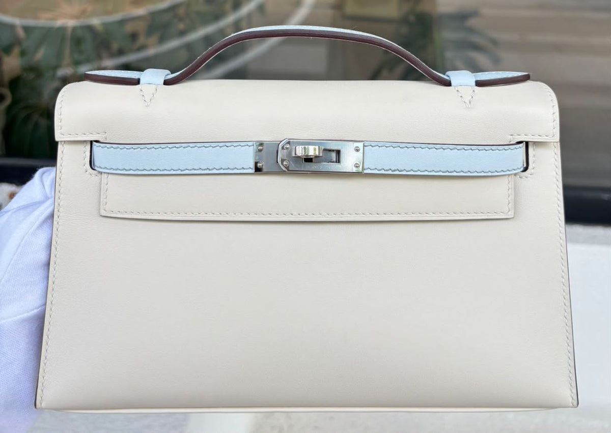 Hermes Kelly pochette Craie / Bleu Brume Swift Palladium hardware