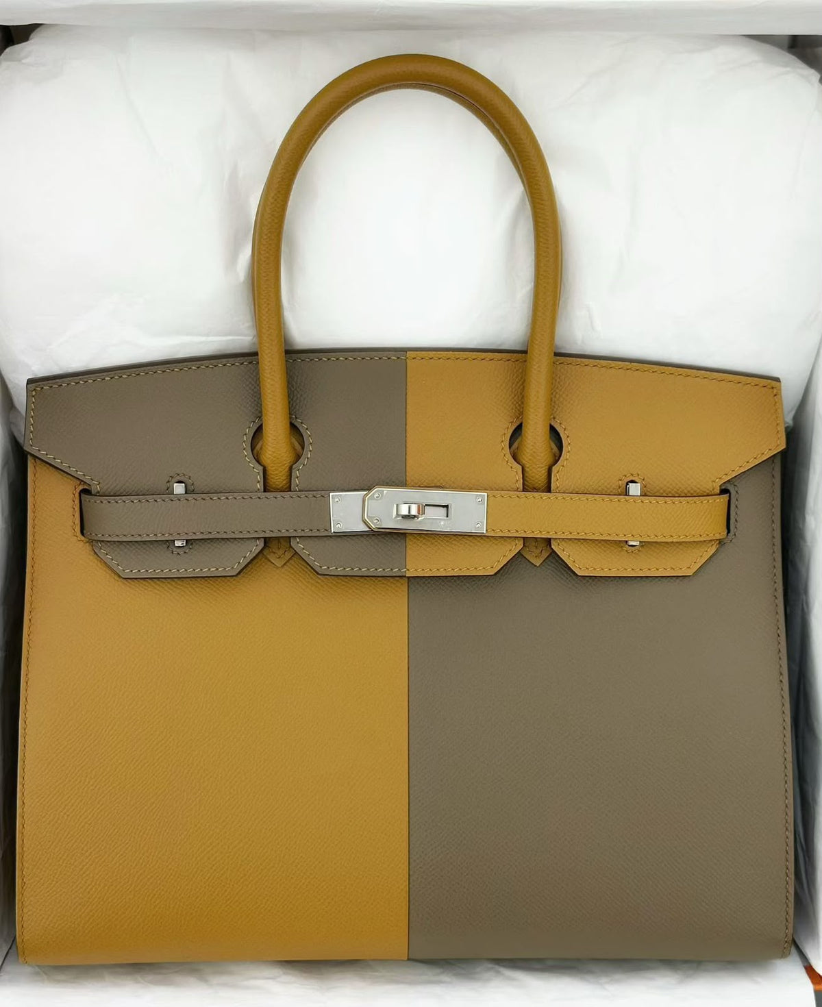 Hermes Birkin 30 Casaque Sesame/Etain/Blue Indigo Epsom palladium hardware