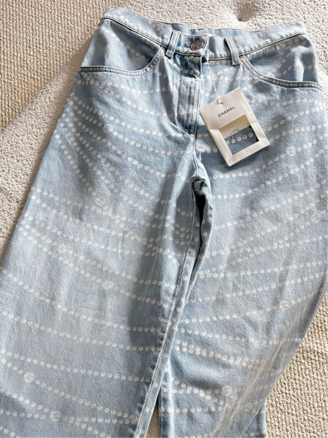 Chanel 25P light-colored pearl wide-leg trousers