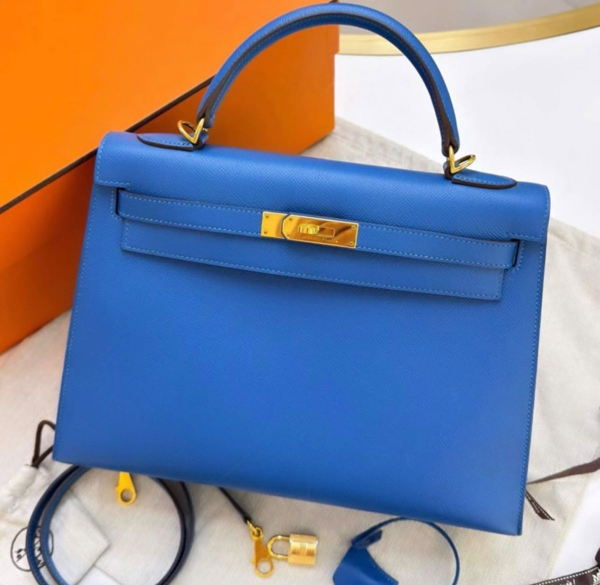 Hermes Kelly 32 Bleu Mykonos Epsom Gold hardware