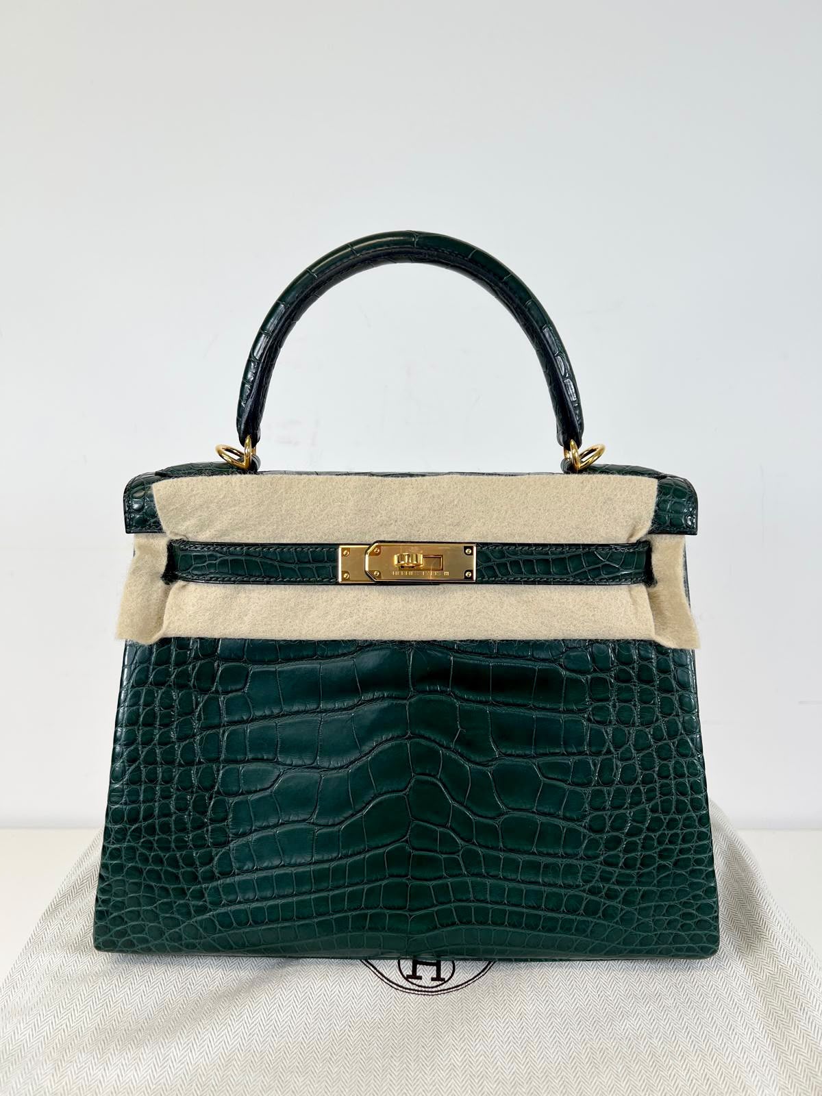 Hermes Kelly 28 Vert Cypress matte Alligator Gold hardware