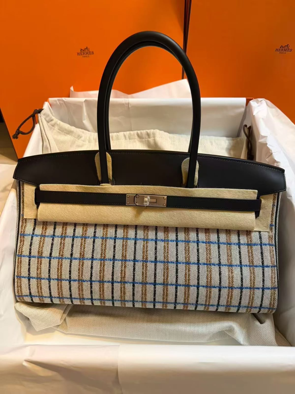 Hermes Birkin Shoulder 39 Black Swift & Ecru Toile Palladium hardware