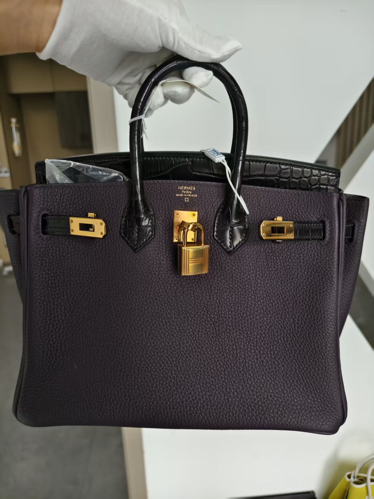 Hermes Birkin 25 Touch Raisin Togo / Matte Alligator Gold hardware