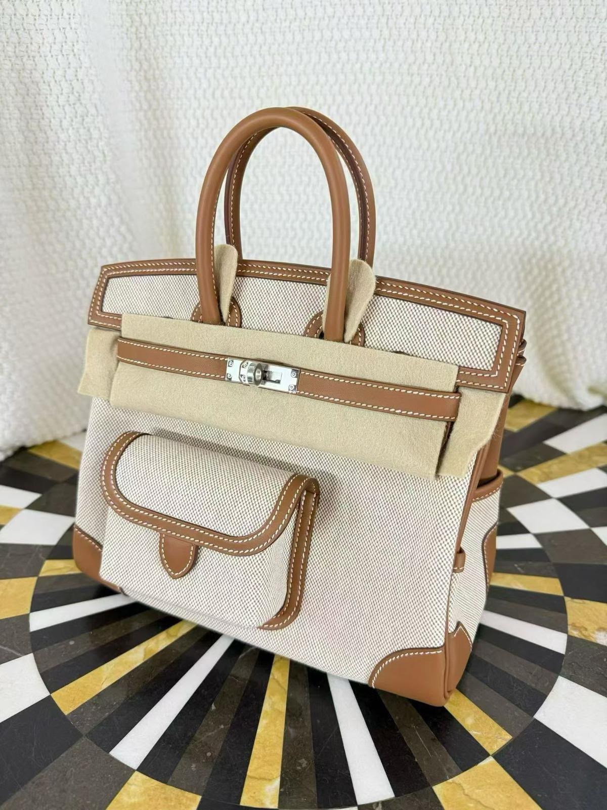 Hermes Birkin 25 Cargo Gold Swift & Ecru Toile palladium hardware