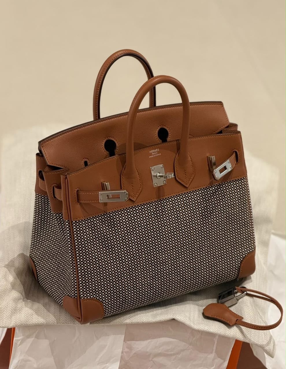 Hermes Birkin 25 Gold Swift & Toile Quadrille Palladium hardware