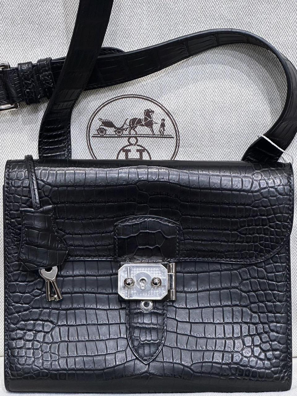 Hermes Sac a Depeches Black Matte Jungle Porosus Palladium hardware