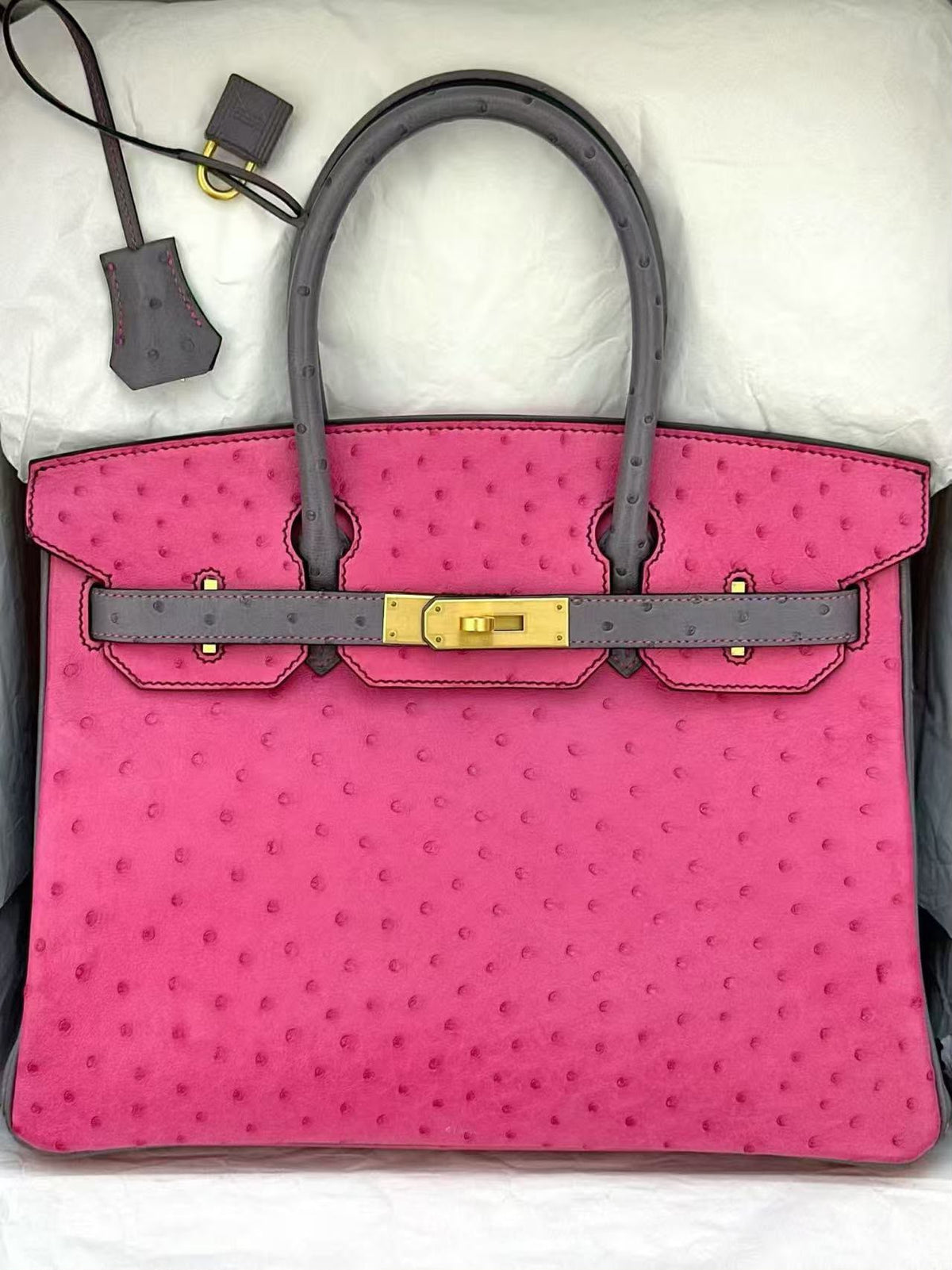 Hermes Birkin 30 HSS rose Tyrien x Gris Meyer ostrich brushed gold hardware