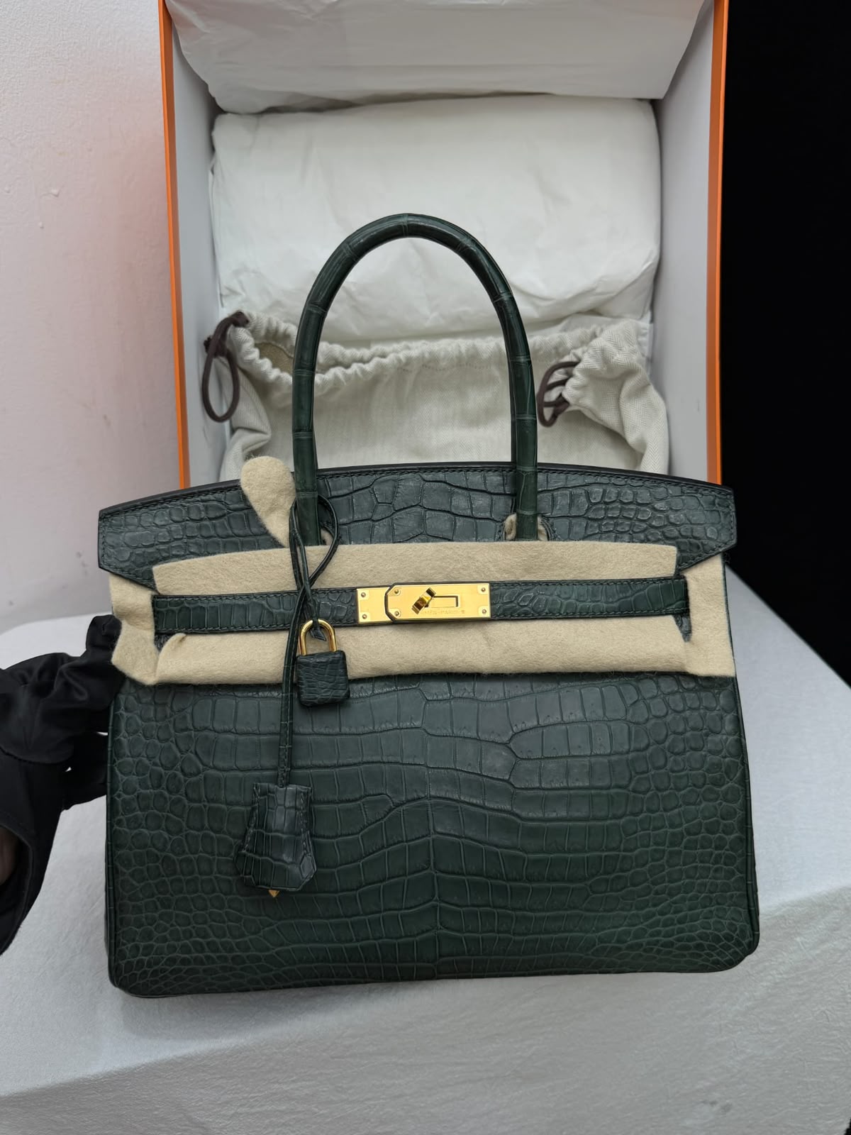 Hermes Birkin 30 Vert Fonce Matte Alligator Gold hardware