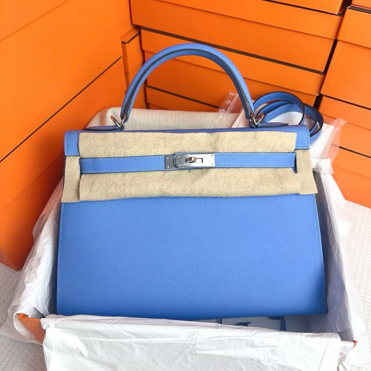 Hermes Kelly 32 Bleu Paradis Epsom Palladium hardware