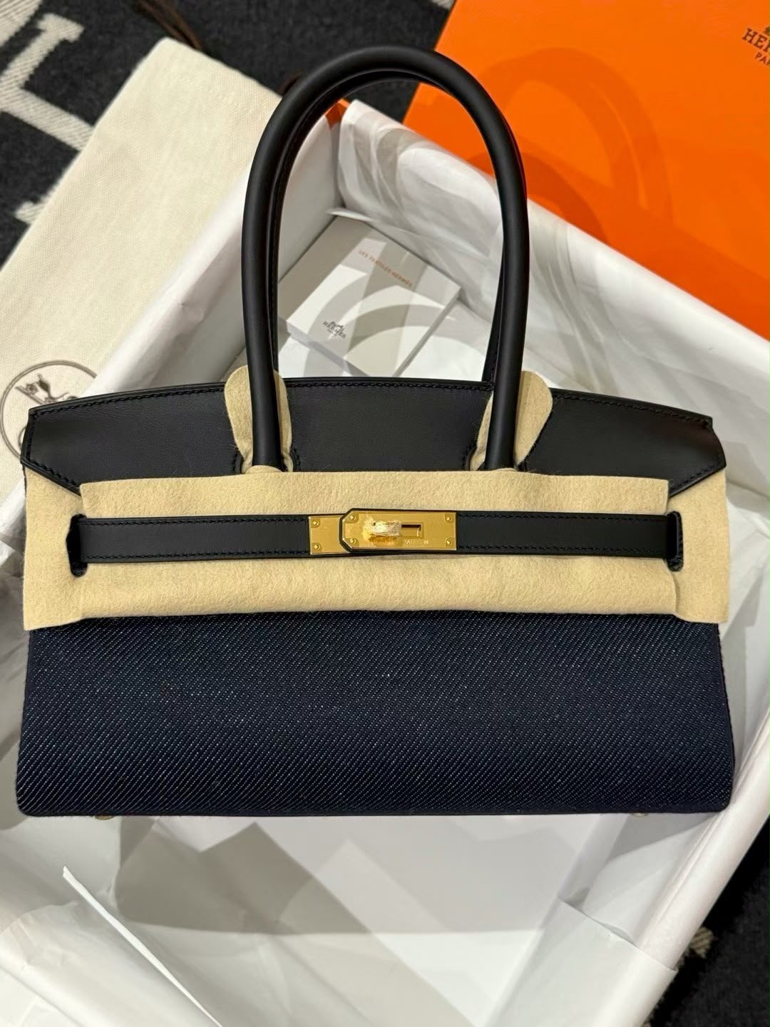 Hermes Birkin Shoulder 29 Denim & Black Swift Gold hardware