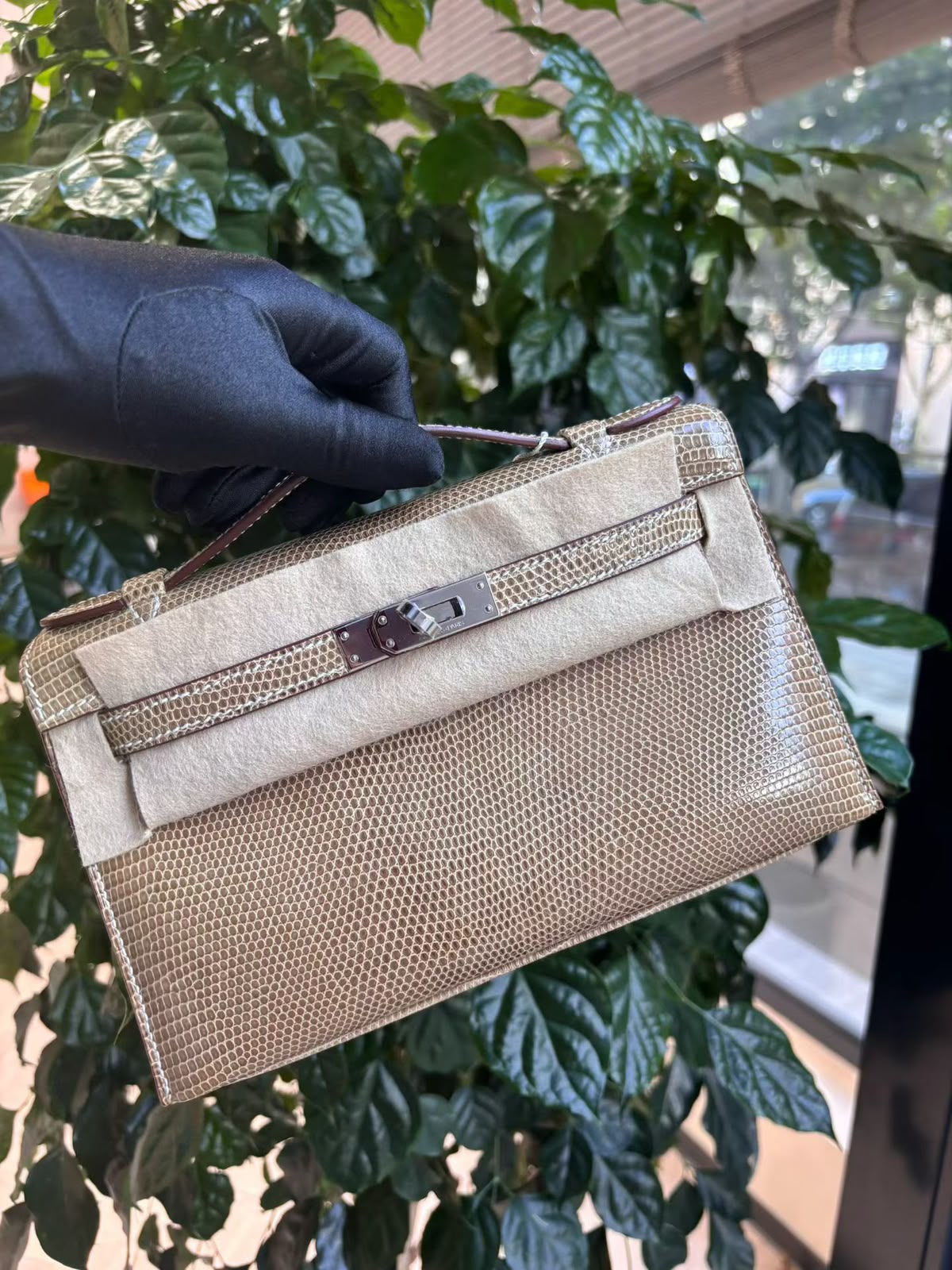 Hermes Kelly pochette Gris Fonce Lizard Palladium hardware
