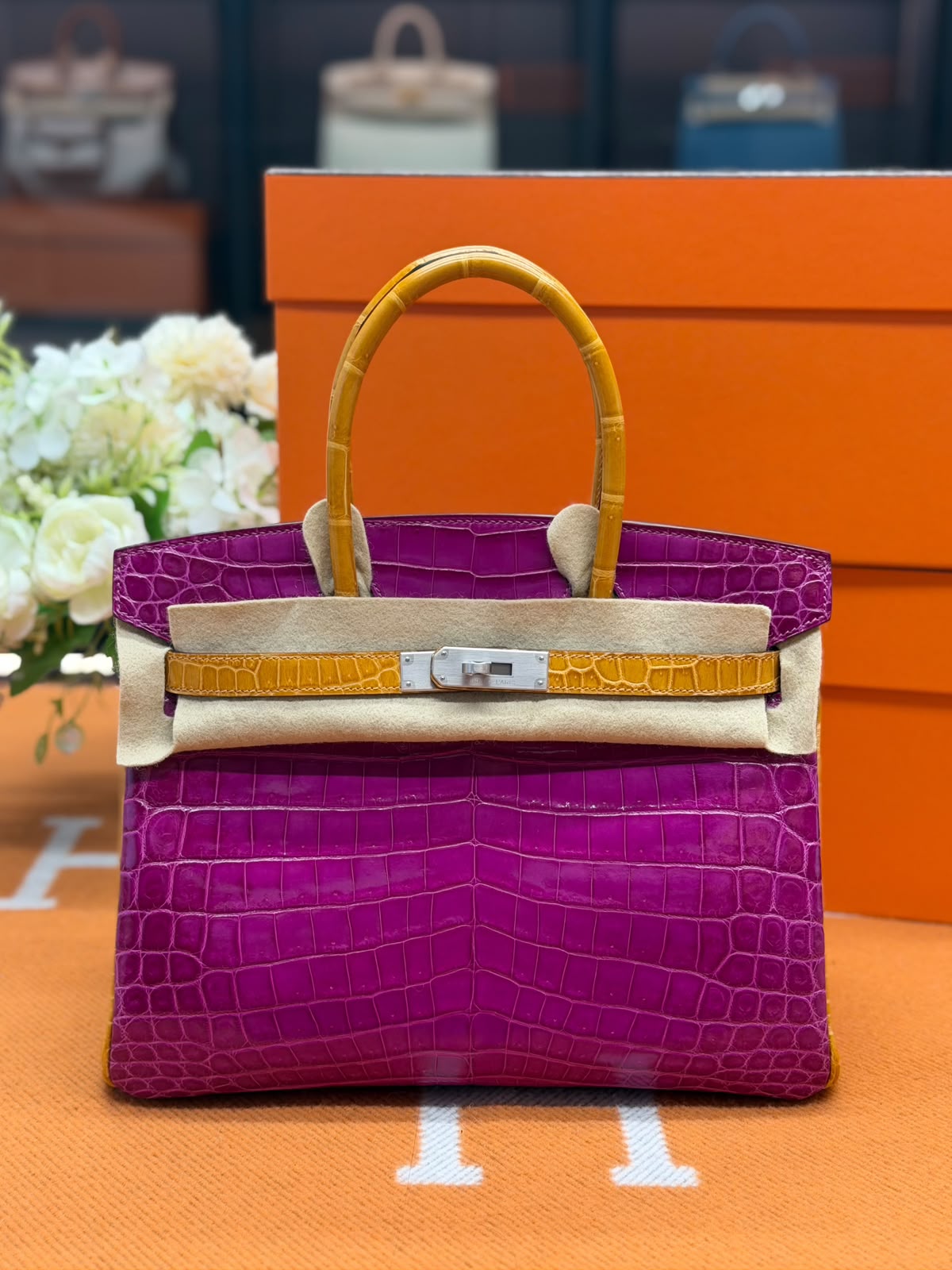 Hermes Birkin 30 HSS Rose Scheherazade & Jaune Ambre Shiny Niloticus Brushed palladium hardware