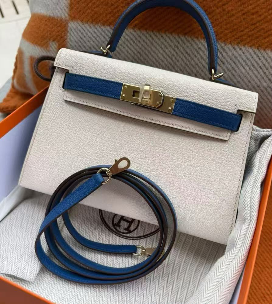 Hermes mini Kelly 20 HSS Craie x blue France Chevre mysore gold hardware