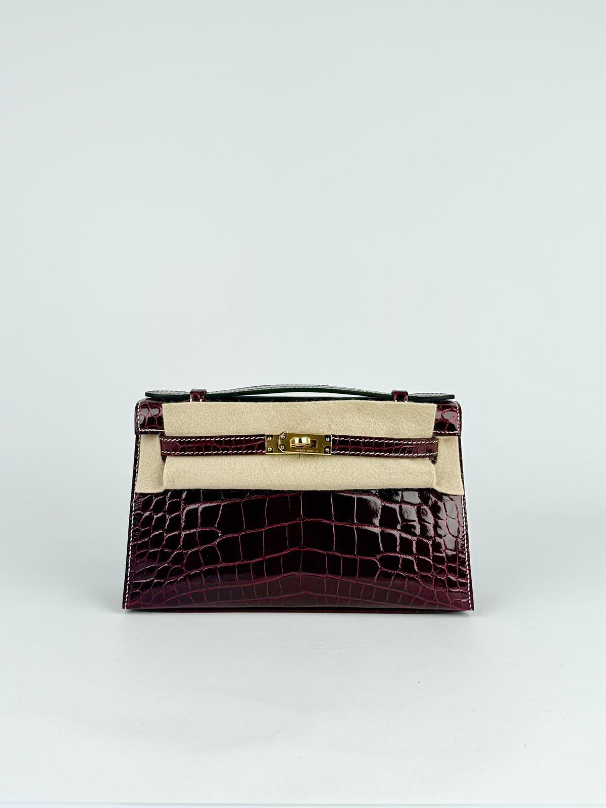 Hermes Kelly pochette HSS Verso Bordeaux / Gris Perle Shiny Alligator Gold hardware