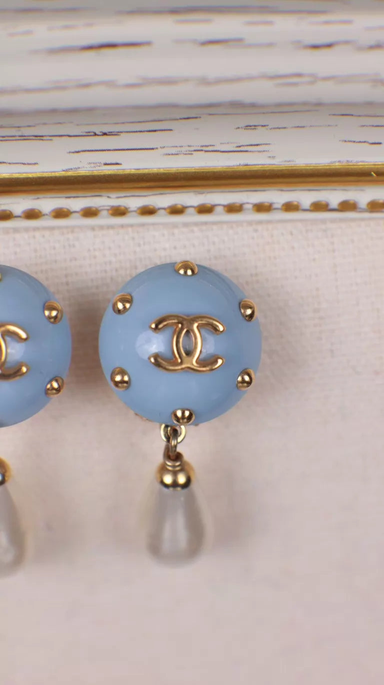 Chanel 96 Blue Studded Pearl Pendant Earrings