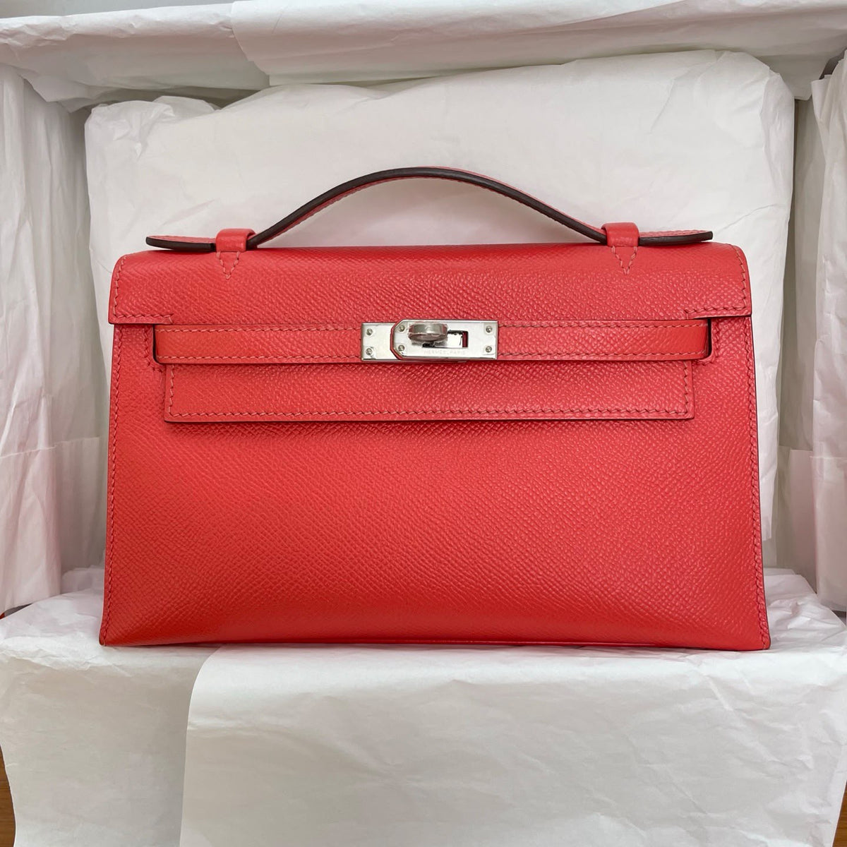 Hermes Kelly pochette Rose Jaipur Epsom Palladium hardware