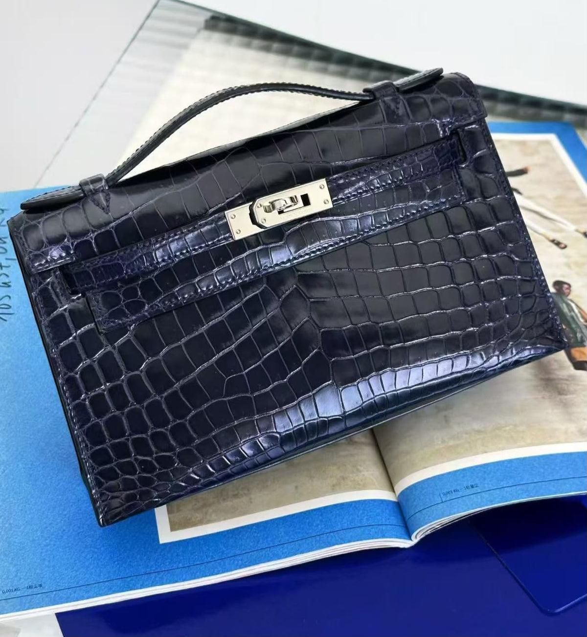 Hermes Kelly pochette blue marine shiny niloticus palladium hardware