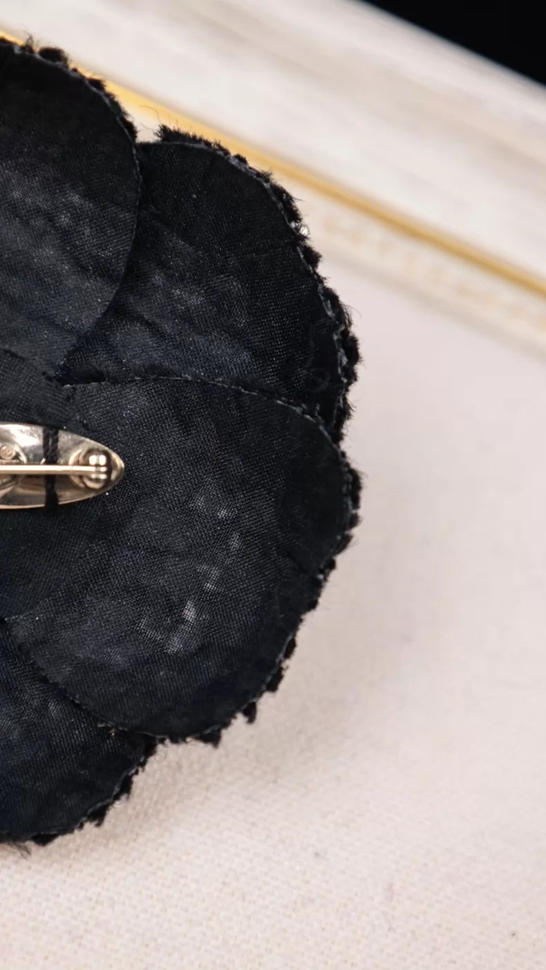 Chanel 17 Black and Gold Tweed Camellia Brooch