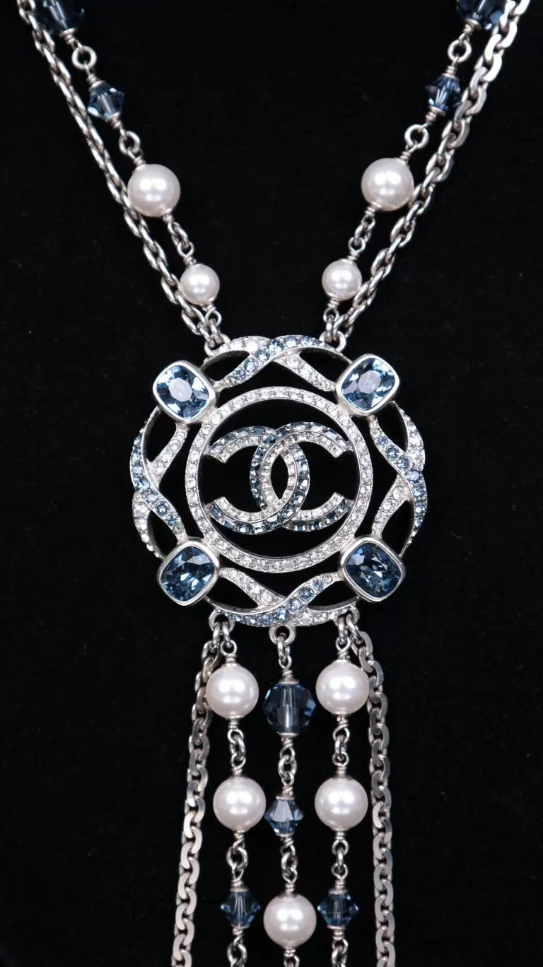 Chanel 19 Blue Rhinestone Openwork CC Tassel Pendant Necklace