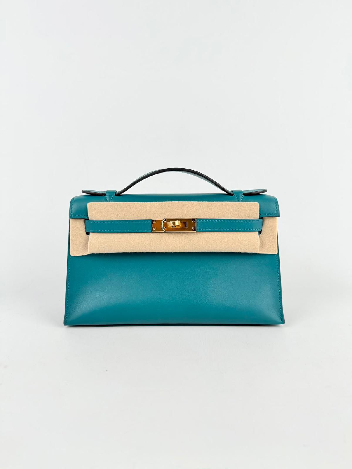 Hermes Kelly pochette Vert Bosphore Swift Gold hardware