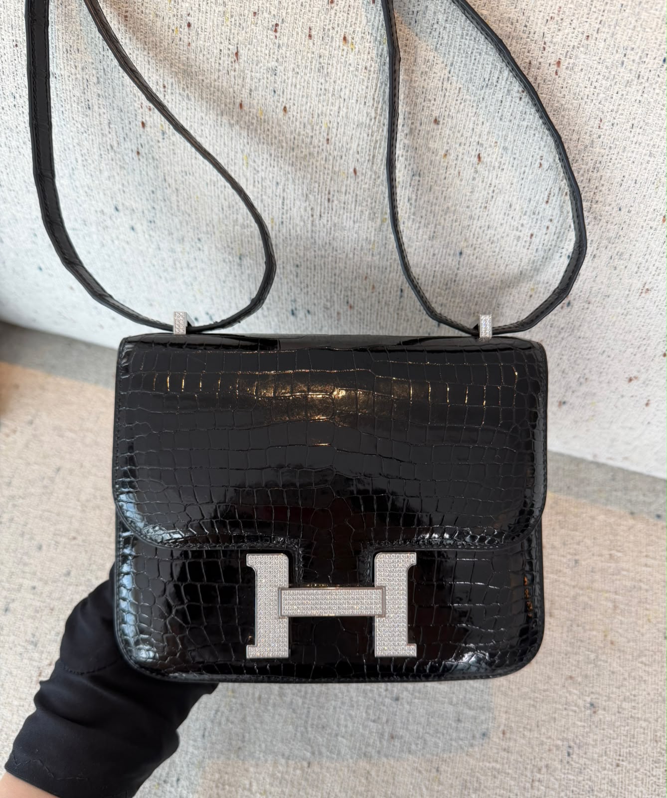 Hermes Constance 18 black shiny Porosus diamonds