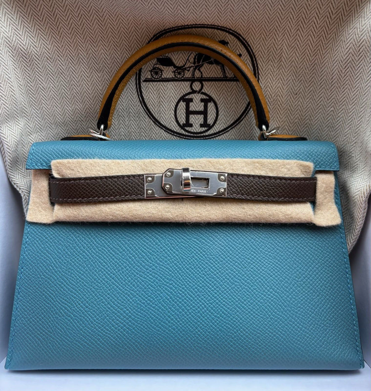 Hermes Mini Kelly 20 Tricolor Bleu Jean/Ecorce/Sesame Epsom Palladium hardware