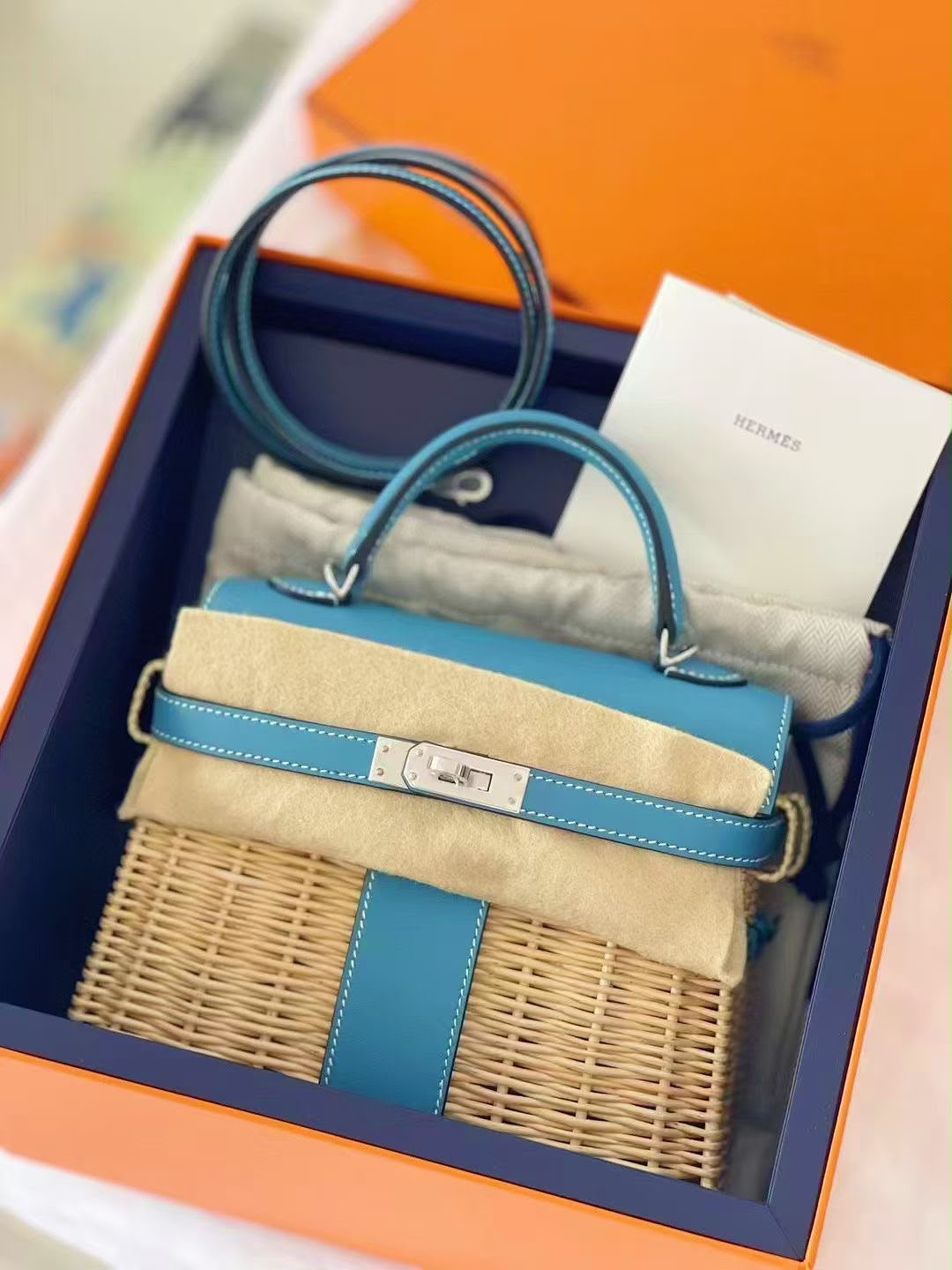 Hermes Mini Kelly 20 Picnic Bleu Jean Swift & Osier Palladium hardware
