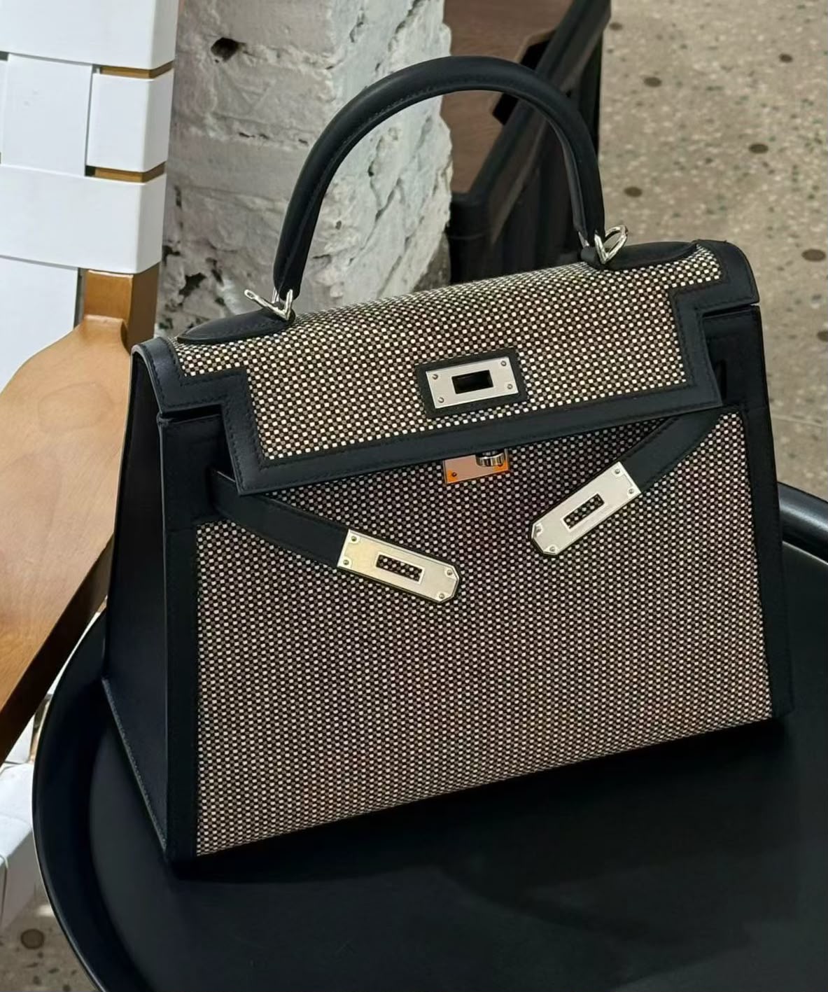 Hermes Kelly 28 Black Swift / Toile Quadrille Palladium hardware