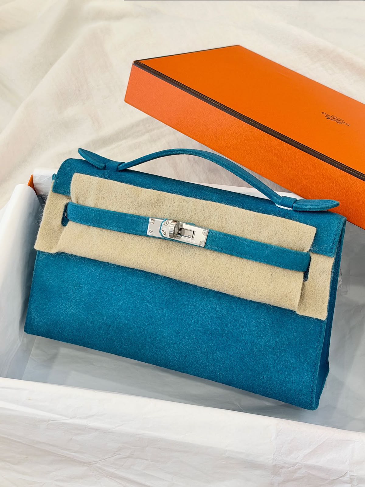 Hermes Kelly pochette Bleu Thalassa Doblis Palladium hardware