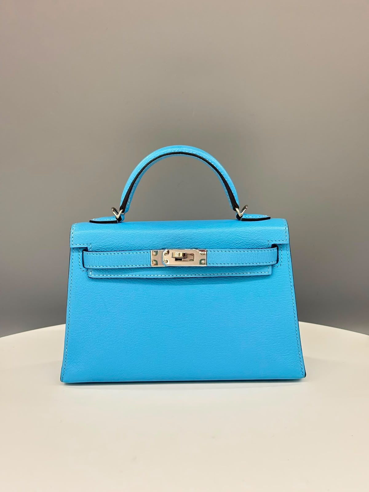 Hermes Mini Kelly 20 Bleu Celeste Chevre Palladium hardware