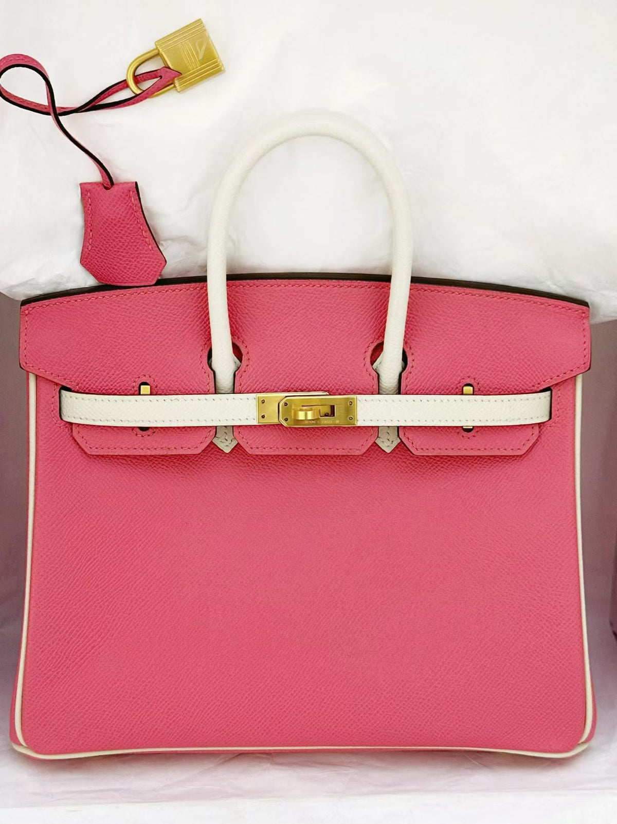 Hermes Birkin 25 HSS azalea x craie epsom brushed gold hardware