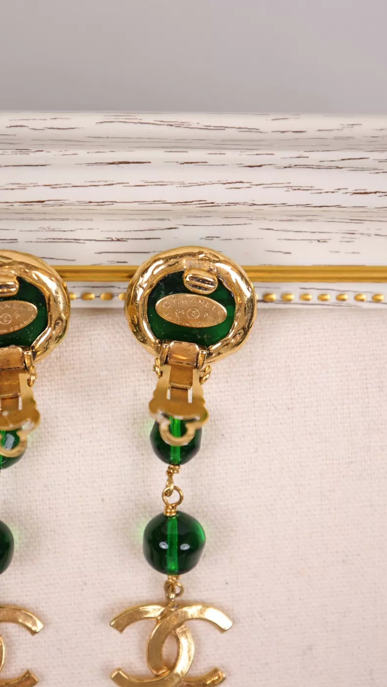 Chanel 94 Green Glass Gold Earring