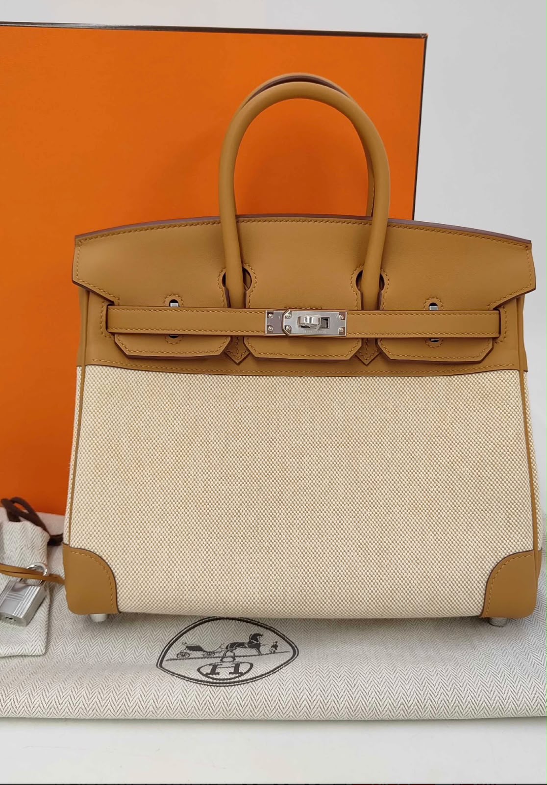 Hermes Birkin 25 Sesame Swift & Ecru Toile Palladium hardware