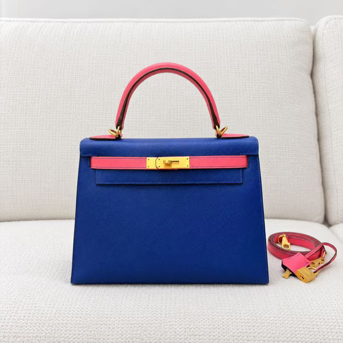 Hermes Kelly 28 HSS Blue Electrique / Rose Lipstick Epsom Brushed gold hardware