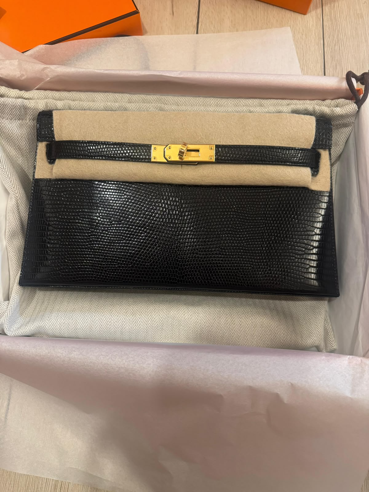 Hermes Kelly Elan Black Lizard Gold hardware