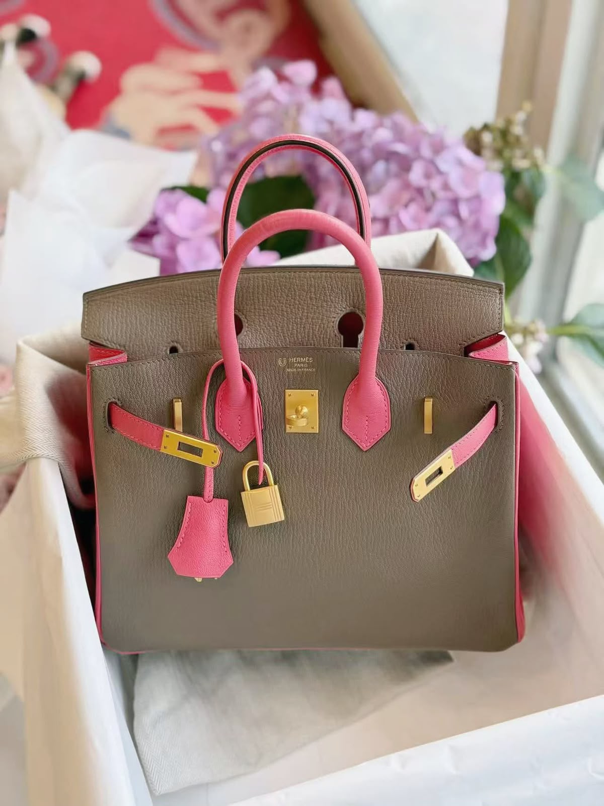 Hermes Birkin 25 HSS Rose Azalee / Gris Tourterelle Chevre Brushing gold hardware