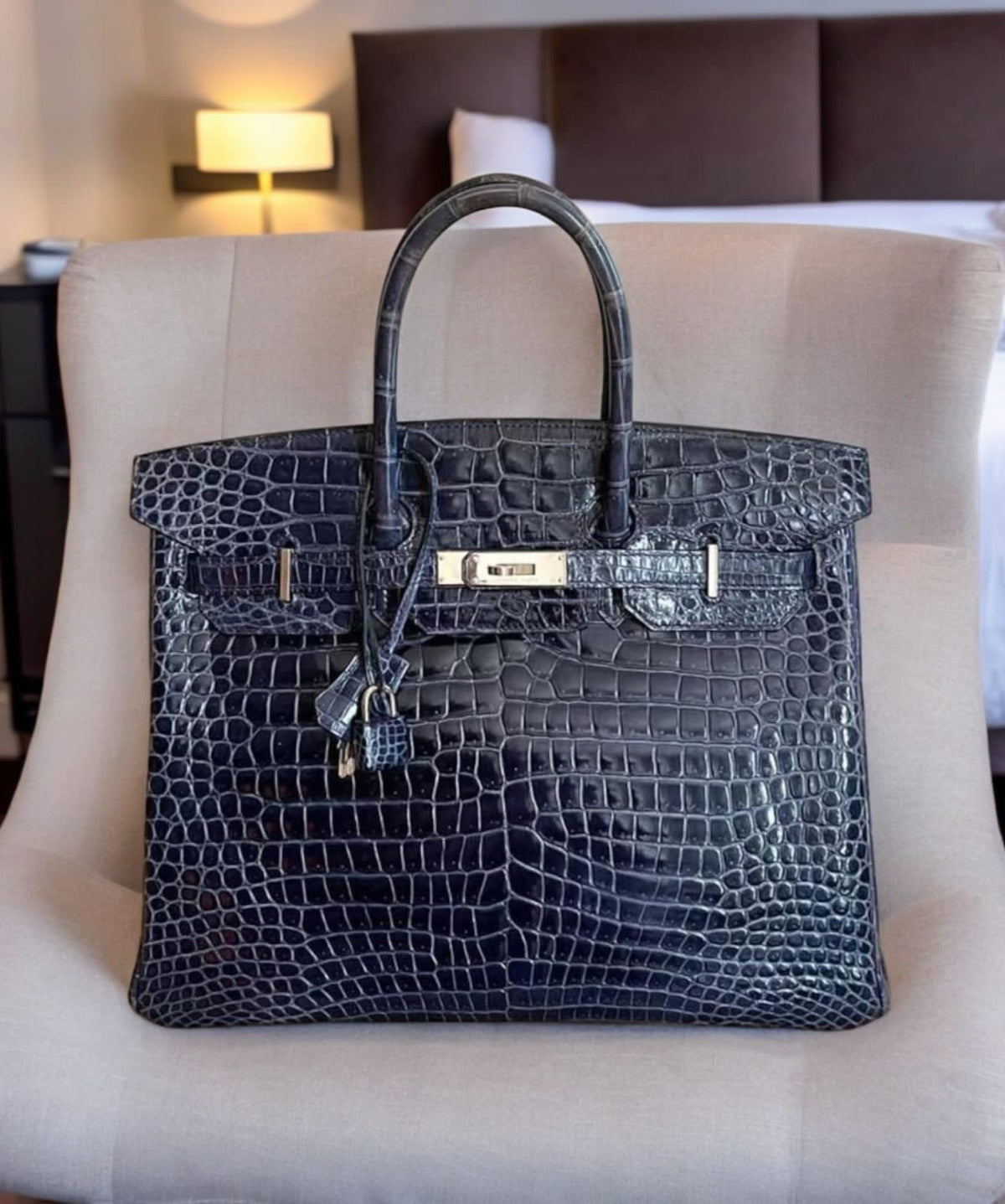 Hermes Birkin 35 Blue Abysse Shiny Porosus Palladium hardware