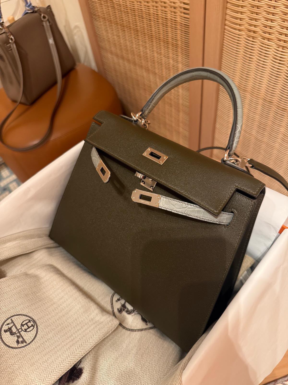Hermes Kelly 25 Touch Vert Loden Madame & Gris Ciment Matte Alligator Palladium hardware