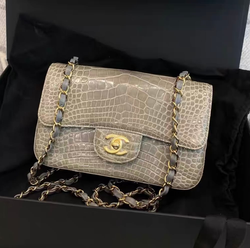 Chanel classic flap Mini light gray shiny alligator Gold hardware