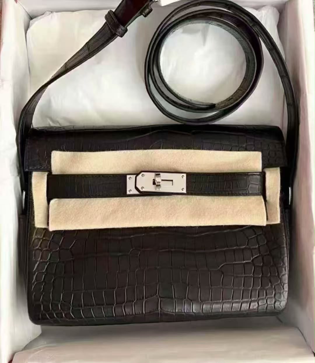 Hermes Kelly Depeches PM Black Matte Alligator Palladium hardware